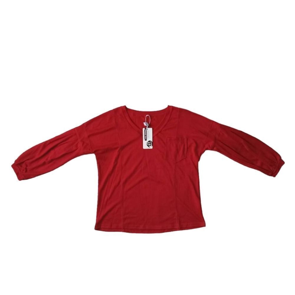 Amazon Brand Phortric Red Casual VNeck Pleated Bishop Long Sleeve Shirt Medium